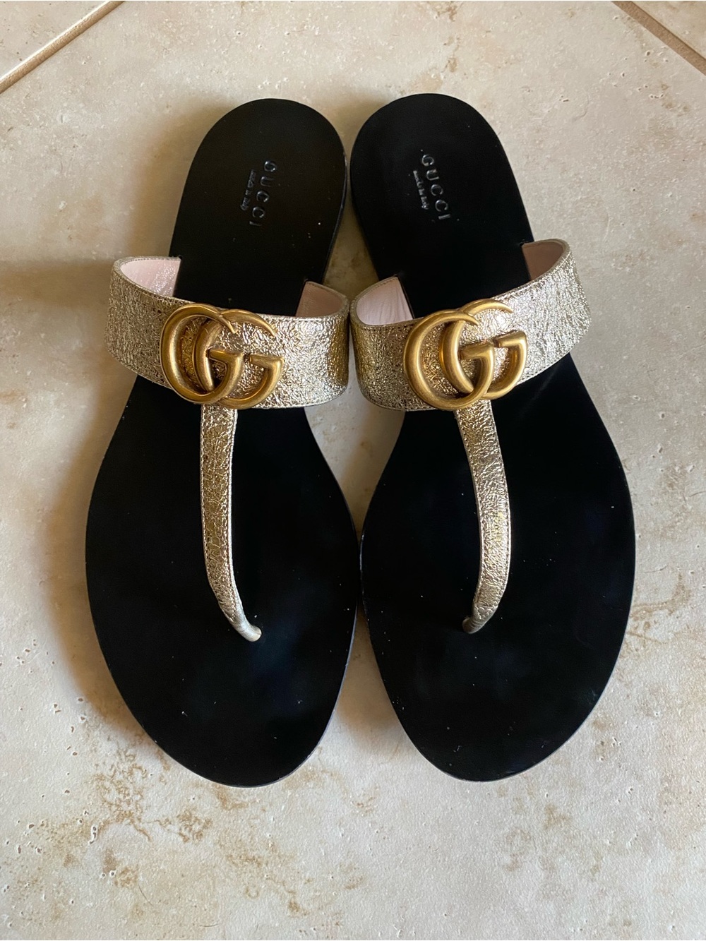 Gucci Women's Gold Metallic GG Marmont Sandals - Size 41